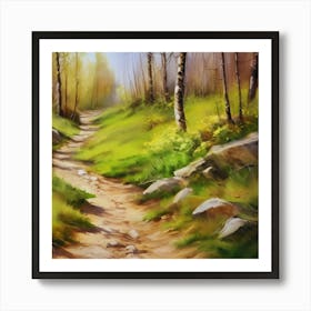 Path In The Woods.A dirt footpath in the forest. Spring season. Wild grasses on both ends of the path. Scattered rocks. Oil colors.18 Art Print