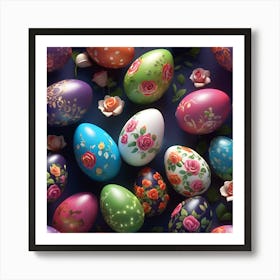 Painted Easter Eggs and Miniature Roses Art Print