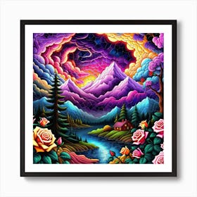 Sunset With Roses Art Print