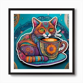 Cat In A Cup Whimsical Psychedelic Bohemian Enlightenment Print 2 Art Print