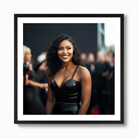 A Black Woman Voluptuous Sexy Wearing Black Latex Dress Long Hair Big Smile on the Red Carpet - Created by Midjourney Art Print