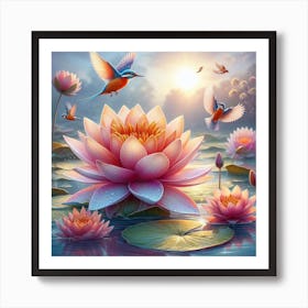 Water Lilies And Birds 1 Art Print
