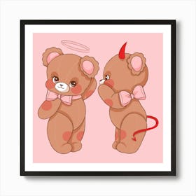 Cute Angel & Devil Bears Art Print