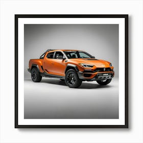 A Sleek, Vibrant Orange Lamborghini Urus, Extensively Modified With A Full Body Kit, Transformed Into A Rugged Pickup Truck With A Sturdy Rear Bed, Aggressive Wheel Wells, And A Distinctive Bumper, Featuring Sharp, Angular Lines 1 Art Print