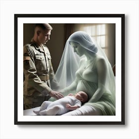 Young solider and his new born baby mourning his wife Art Print