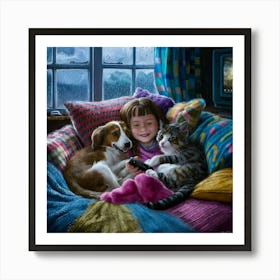 Little Girl And Her Pets Art Print