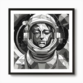 Contemplating Astronaut Monochrome Cubism Style Art Print