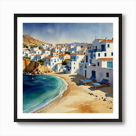 Aegean Village.Summer on a Greek island. Sea. Sand beach. White houses. Blue roofs. The beauty of the place. Watercolor. 2 Art Print