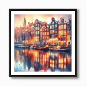 Amsterdam Canal Houses Reflected In A Dreamy Watercolor Sunset, Style Watercolor Art Print