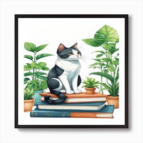 Cat On Books Art Print