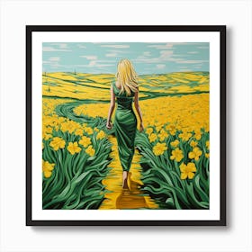 Blonde woman in Yellow Daffodils flowers Art Print