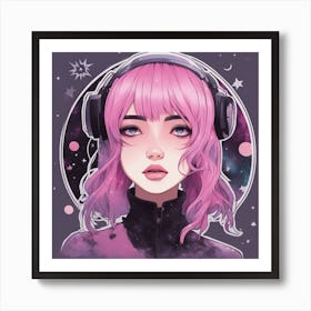 Pink Haired Girl With Headphones Art Print