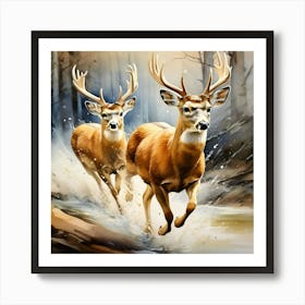 The Design Of Two Small Deer Running Fast Her Hair Fluttering Watercolor Trending On Artstation 1 Art Print