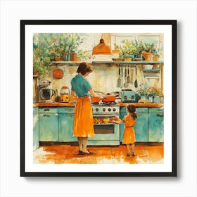 Mother And Daughter In The Kitchen Art Print