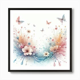 Watercolor Flowers With Butterflies Art Print