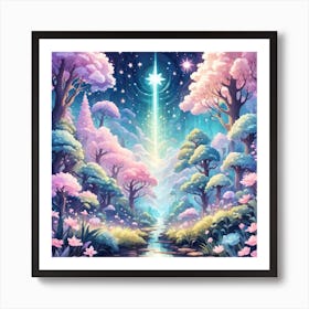 A Fantasy Forest With Twinkling Stars In Pastel Tone Square Composition 144 Art Print