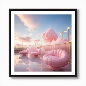 Pink Mall Floating In A Cotton Candy Sky Cloud Like Benches Scattered Throughout Golden Highlights Art Print