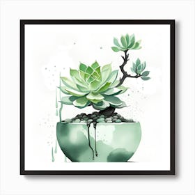 Succulent Plant In A Pot Monochromatic Watercolor Art Print