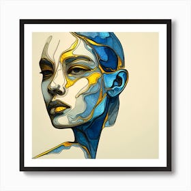 Portrait Of A Woman's Face - An Abstract Artwork In Blue, And Golden Colors, Stained Glass Style. Art Print