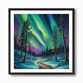 Aurora Borealis Starry Pathway Vibrant Landscape Art W 3 Art Print