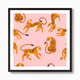 Tiger Pattern On Pink Square Art Print