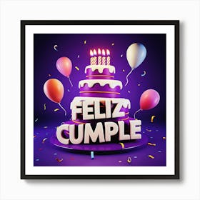 Feliz cumple and Feliz cumpleaños sign means Happy Birthday in Spanish language, Birthday party celebration gift with birthday cake candle colorful balloons best congratulation over light background wall artFeliz Cumple 8 Art Print