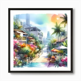 Watercolor Of A Tropical City Art Print