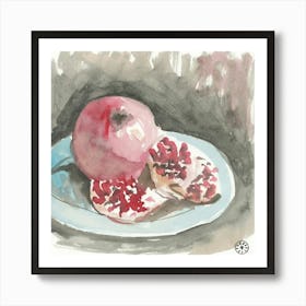 Grape Fruit On A Plate - still life watercolor hand painted square light red grey beige Art Print