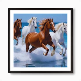 Brown and White Horses Running In The Ocean Art Print