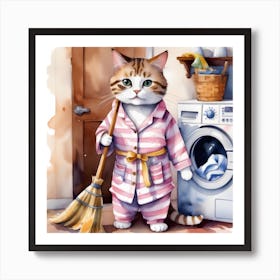 Cat In Pajamas Busy with Laundry Art Print