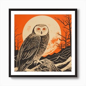 Retro Bird Lithograph Snowy Owl 3 Art Print