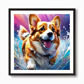 Corgi Splashing In The Water Art Print