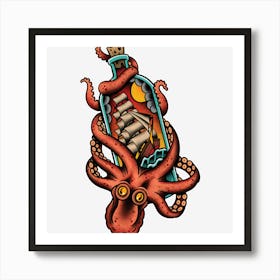 Octopus And Clipper Ship In Bottle, Old School Sailor Tattoo Art Print