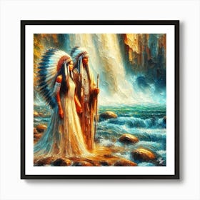 Oil Texture Native American Couple By Stream 7 Copy Art Print