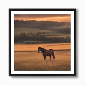 Horse In Field At Sunset Art Print