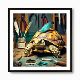 Tortoise Attaching The Feathers To His Shell Using The Special Glue (3) Art Print