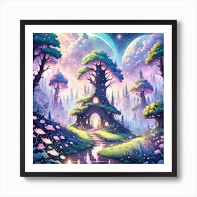 A Fantasy Forest With Twinkling Stars In Pastel Tone Square Composition 42 Art Print