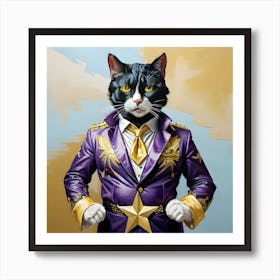 Cat In An Elvis Suit Purple Art Print