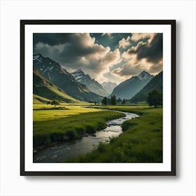 A Serene Mountain Valley With A Clear, Winding River And Lush Green Meadows 2 Art Print