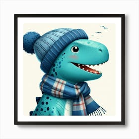 Blue Dinosaur With Hat And Scarf Canvas Print 1 Art Print