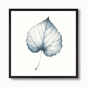 Title: "Winter's Trace: The Delicate Frost Leaf"  Description: "Winter's Trace" presents a solitary leaf, its delicate veins etched in a frosty blue hue, reminiscent of the first whispers of winter. This artwork captures the intricate patterns of nature's design, almost translucent in appearance, reflecting the fragile beauty that emerges at the intersection of autumn's end and winter's onset. The subtle gradations of blue, enhanced by the stark white background, evoke the crisp chill of a frost-covered morning. This piece embodies the quiet elegance of the colder seasons, offering a contemplative visual experience that celebrates the understated yet profound beauty of the natural world in repose. It is an exquisite choice for anyone who appreciates the serene and gentle side of nature's cycle. Art Print