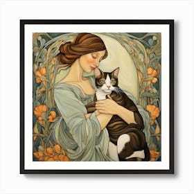 Woman with her Beloved Cat in Style of Art Nouveau 2 Art Print