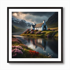 Scottish cottage by a loch Art Print