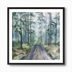 Watercolor Landscape Road In The Forest Square Art Print