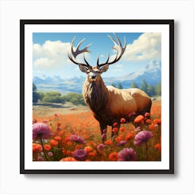 Elk In A Field Of Flowers Art Print