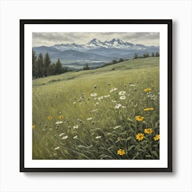 vintage oil painting of wild flowers in a meadow, mountains in the background 5 Art Print