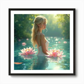 Beautiful Lady In A Watercolor Shimmering Pond 1 Art Print