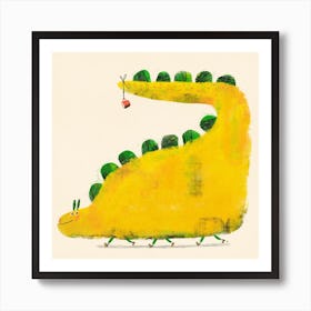 Yellow Dinosaur With Roller Skates And Coffee Cup Art Print