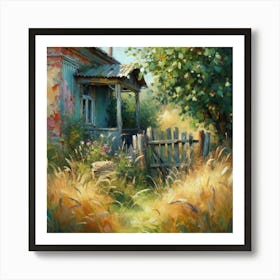 House And Overgrown Grass In The Countryside, Acrylic Painting Style Art Print