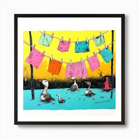 Duckling Under A Washing Line Linocut Style 2 Art Print